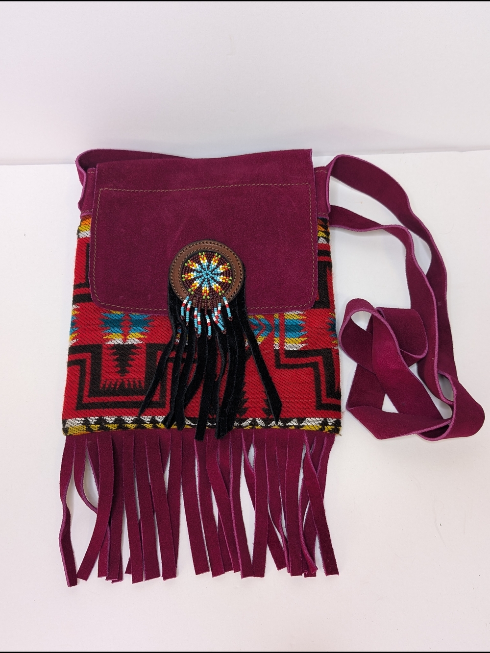 Native American Purple Suede Leather Beaded Fringed Crossbody Bag
